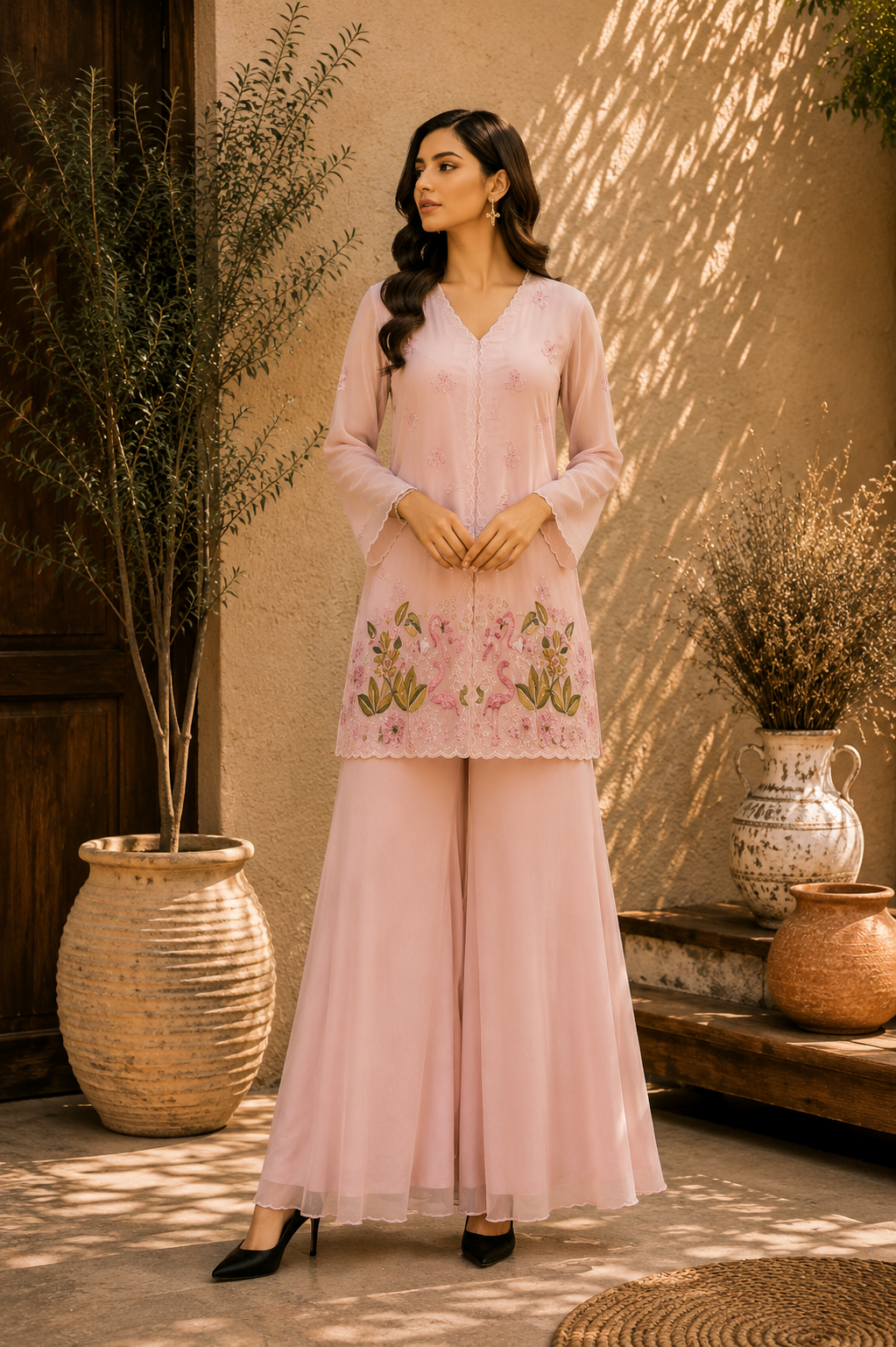 Flamingo Embroidered Sharara Set