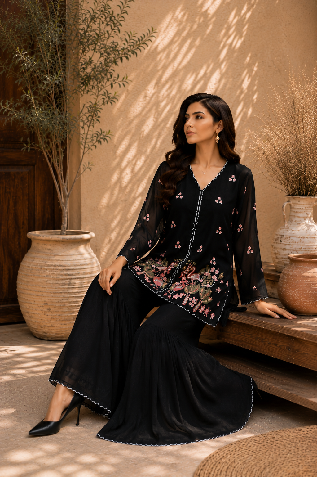 Flamingo Embroidered Sharara Set