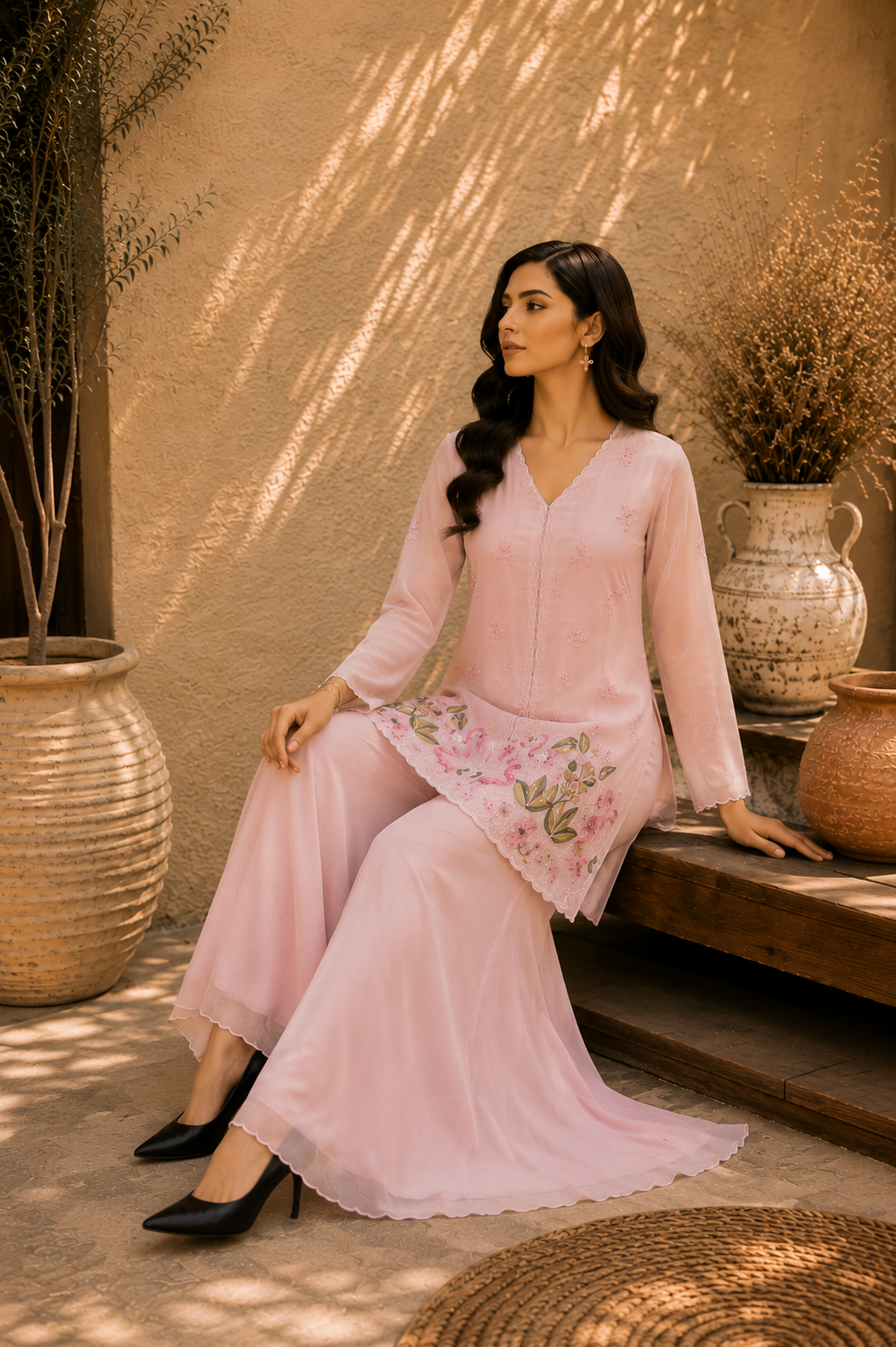 Flamingo Embroidered Sharara Set