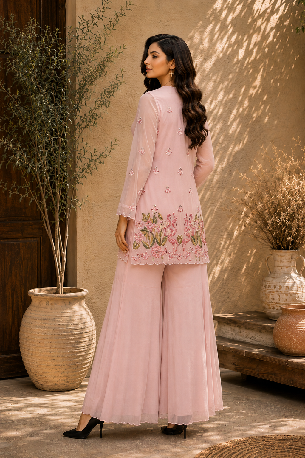 Flamingo Embroidered Sharara Set