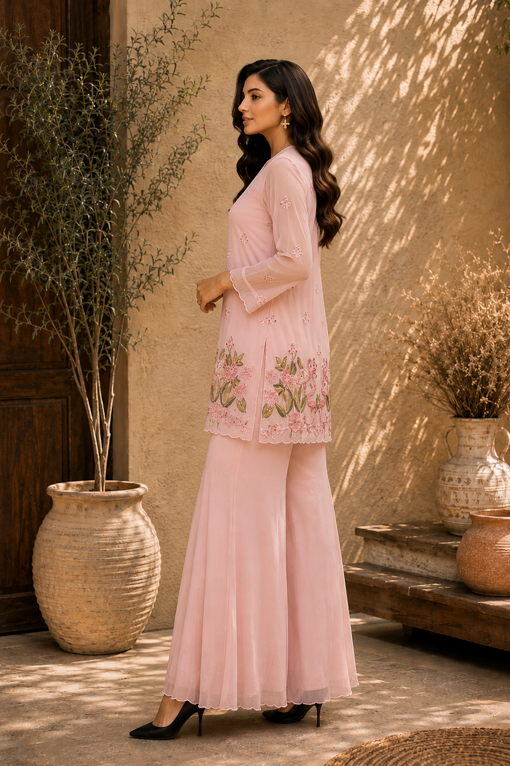 Flamingo Embroidered Sharara Set