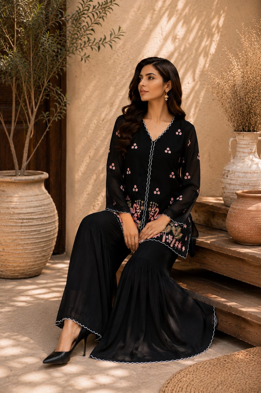 Flamingo Embroidered Sharara Set