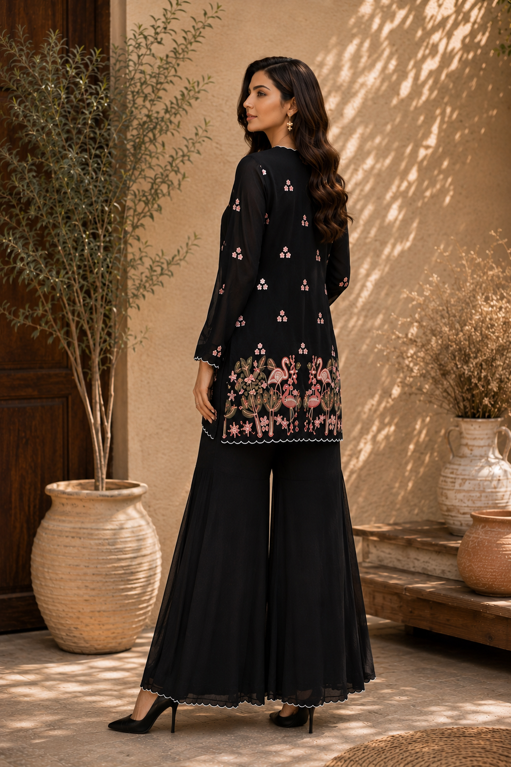 Flamingo Embroidered Sharara Set