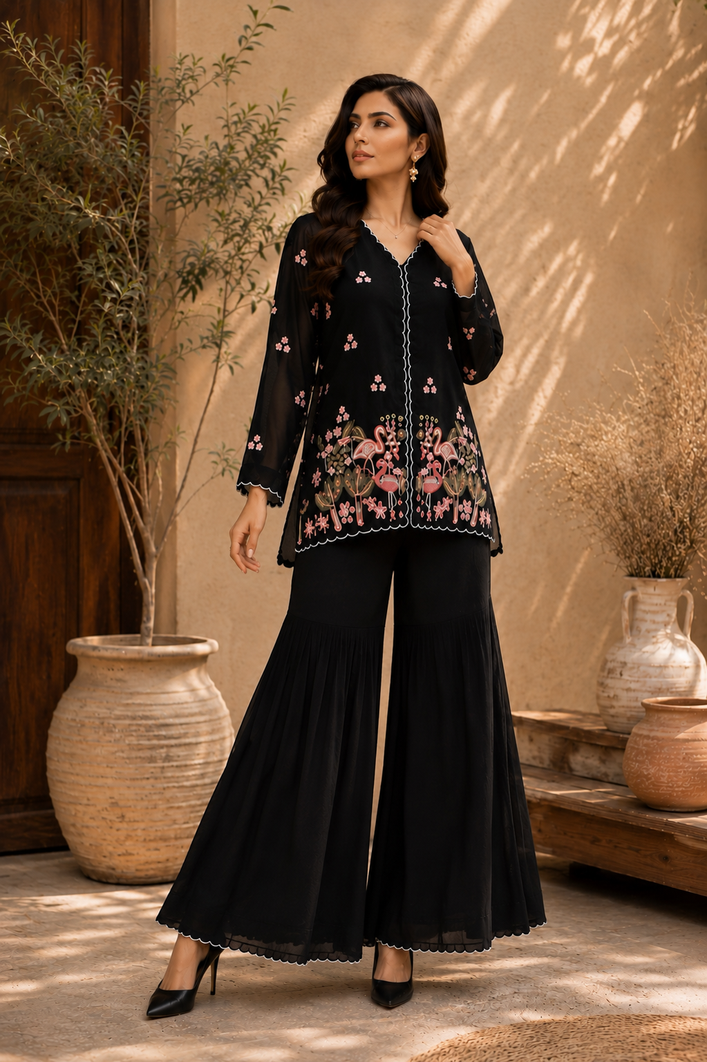 Flamingo Embroidered Sharara Set