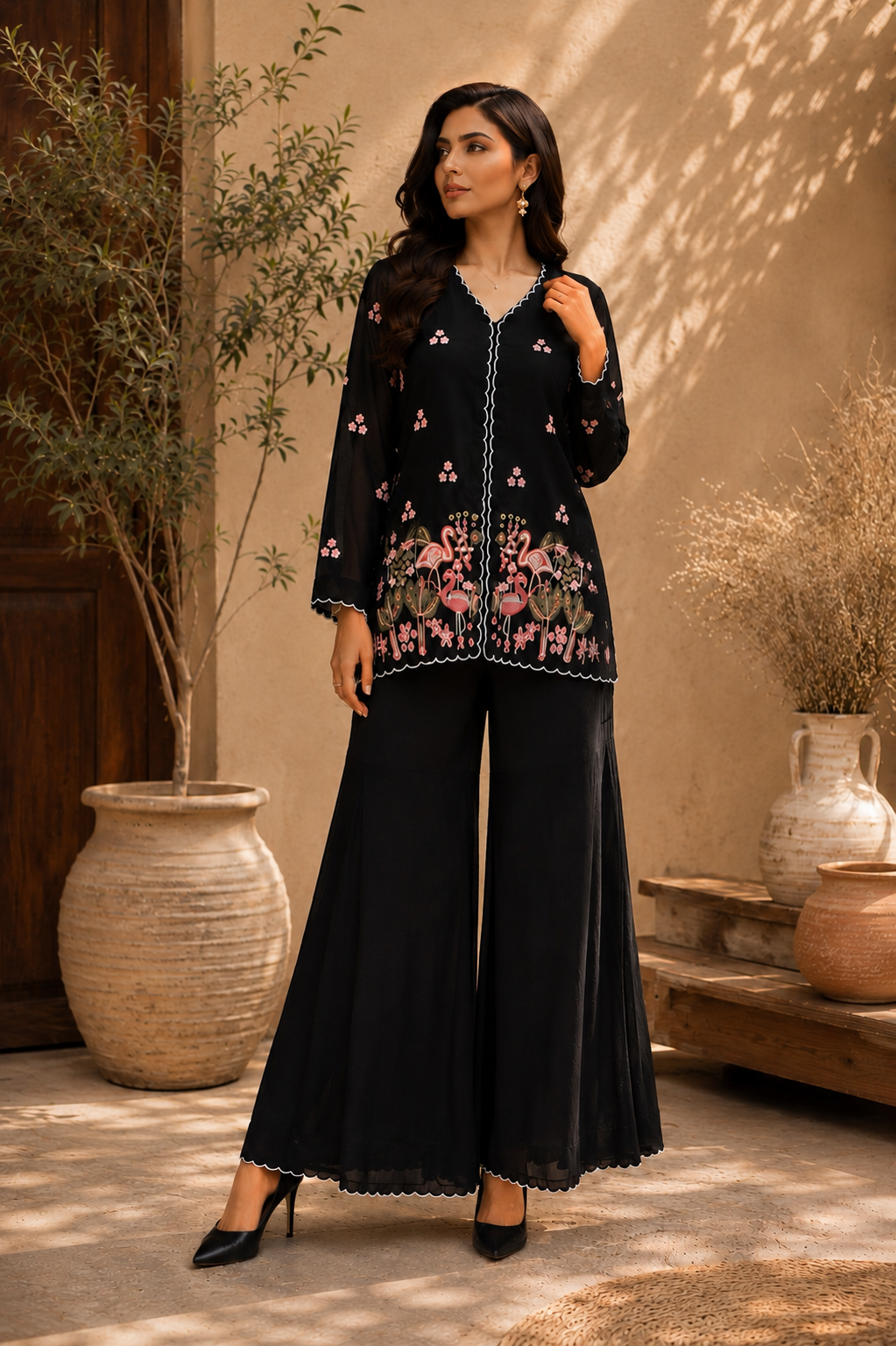 Flamingo Embroidered Sharara Set